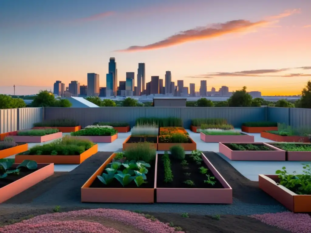 Un tranquilo paisaje urbano minimalista al anochecer, con un huerto comunitario en primer plano y un centro de reciclaje a lo lejos