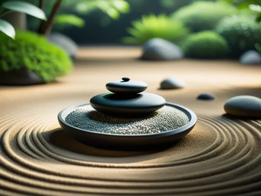 Un tranquilo jardín Zen con rocas y vegetación exuberante, promoviendo prácticas sostenibles en el compostaje doméstico