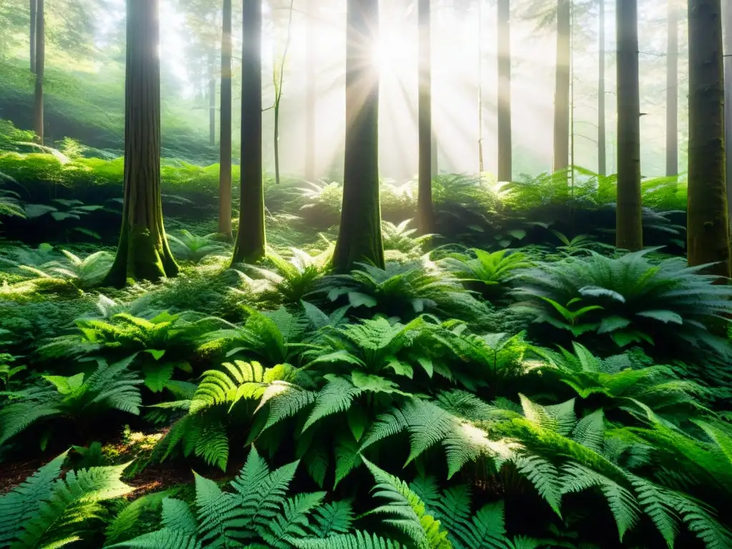 Un tranquilo y sereno bosque verde con luz solar filtrándose a través de las hojas, creando sombras moteadas en el suelo