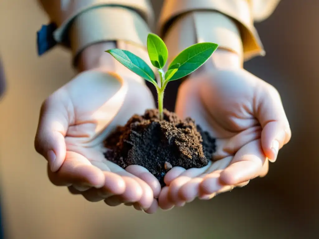 Unidas por la sostenibilidad: manos sostienen planta y papel reciclado