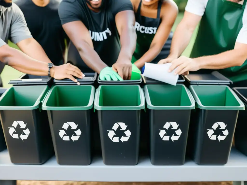 Unidos en la separación de residuos urbanizaciones reciclaje: manos diversas clasificando materiales reciclables con determinación