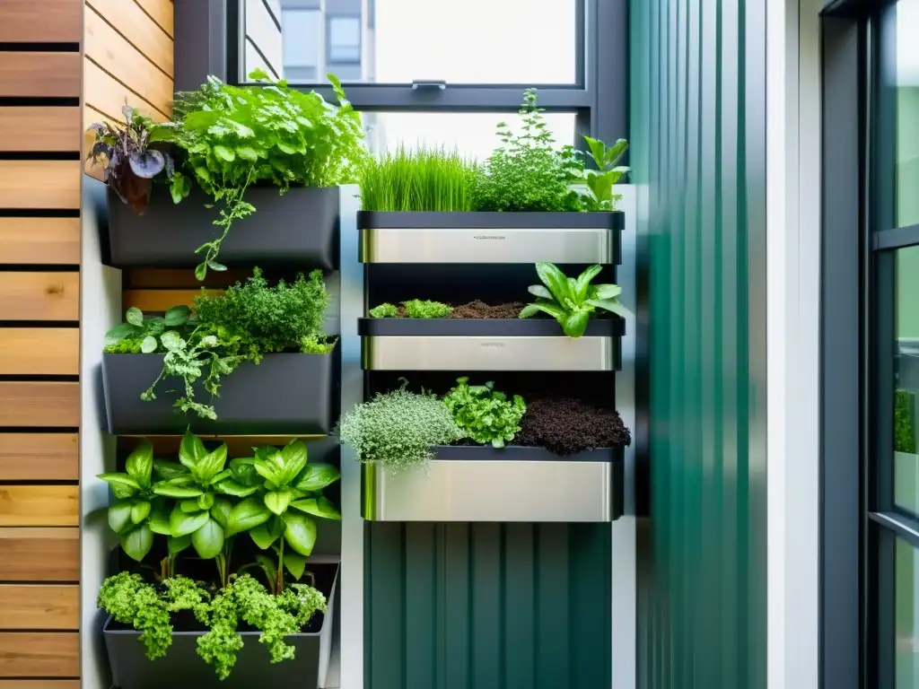 Un jardín urbano con compostaje vertical de acero inoxidable