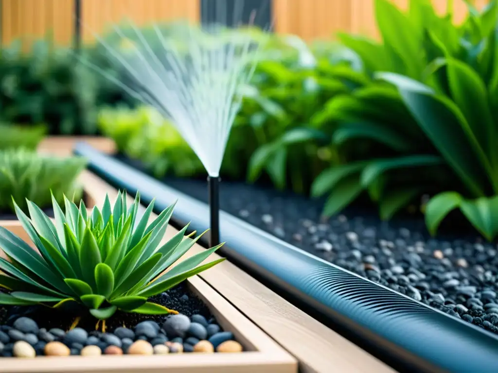 Un jardín urbano con un elegante sistema de riego reciclado que distribuye agua a plantas vibrantes