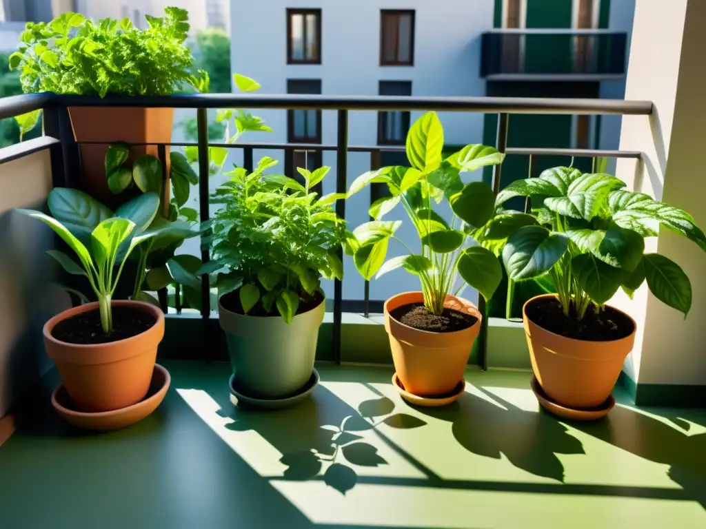 Un jardín urbano exuberante con plantas, flores y vegetales en macetas, irradiando serenidad y productividad