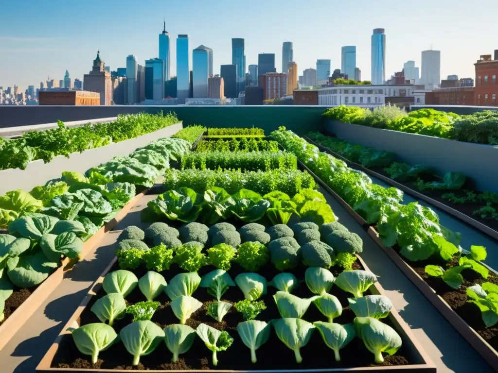 Un jardín urbano próspero con hileras de vegetales verdes, bañado por la luz del sol