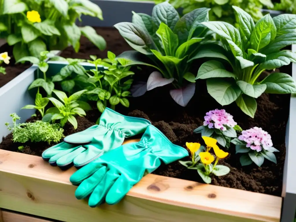 Un jardín urbano próspero, con plantas verdes, flores coloridas y vegetales exuberantes en camas elevadas