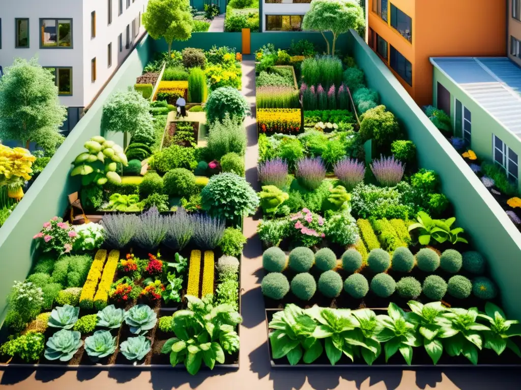 Un jardín urbano próspero y vibrante entre edificios modernos