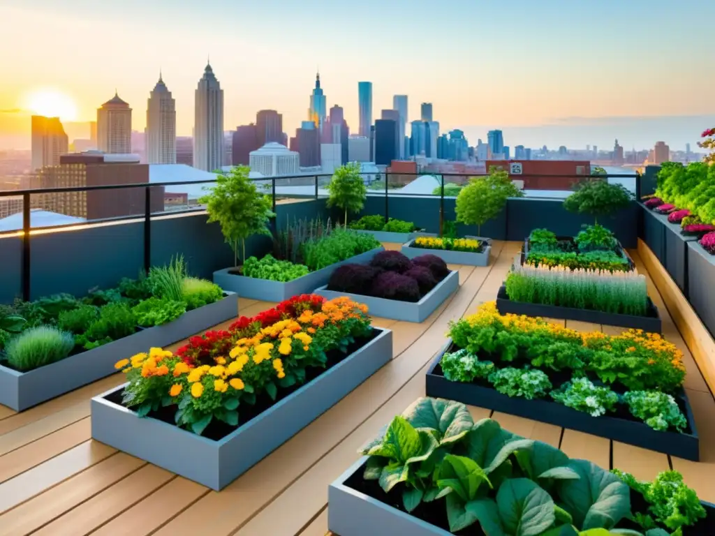 Un jardín urbano sostenible con vegetales y flores coloridas en el corazón de la ciudad