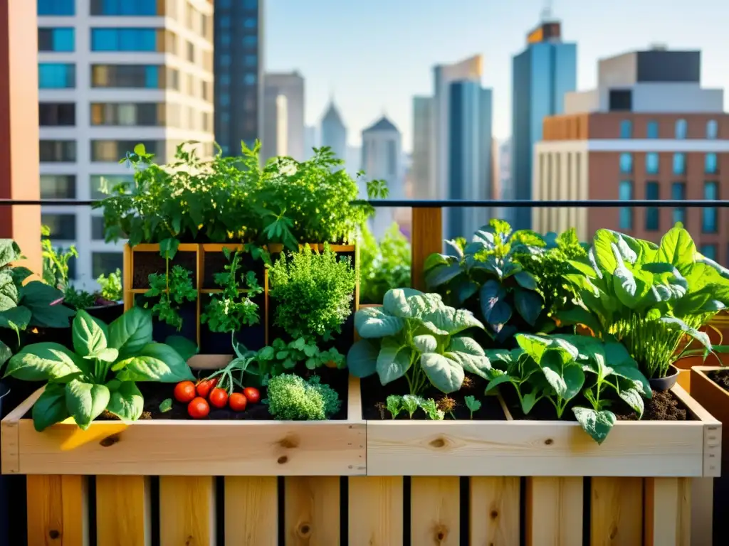 Un jardín de balcón urbano con vegetales y hierbas en cajas de plantas, resaltando el compostaje en huerto urbano