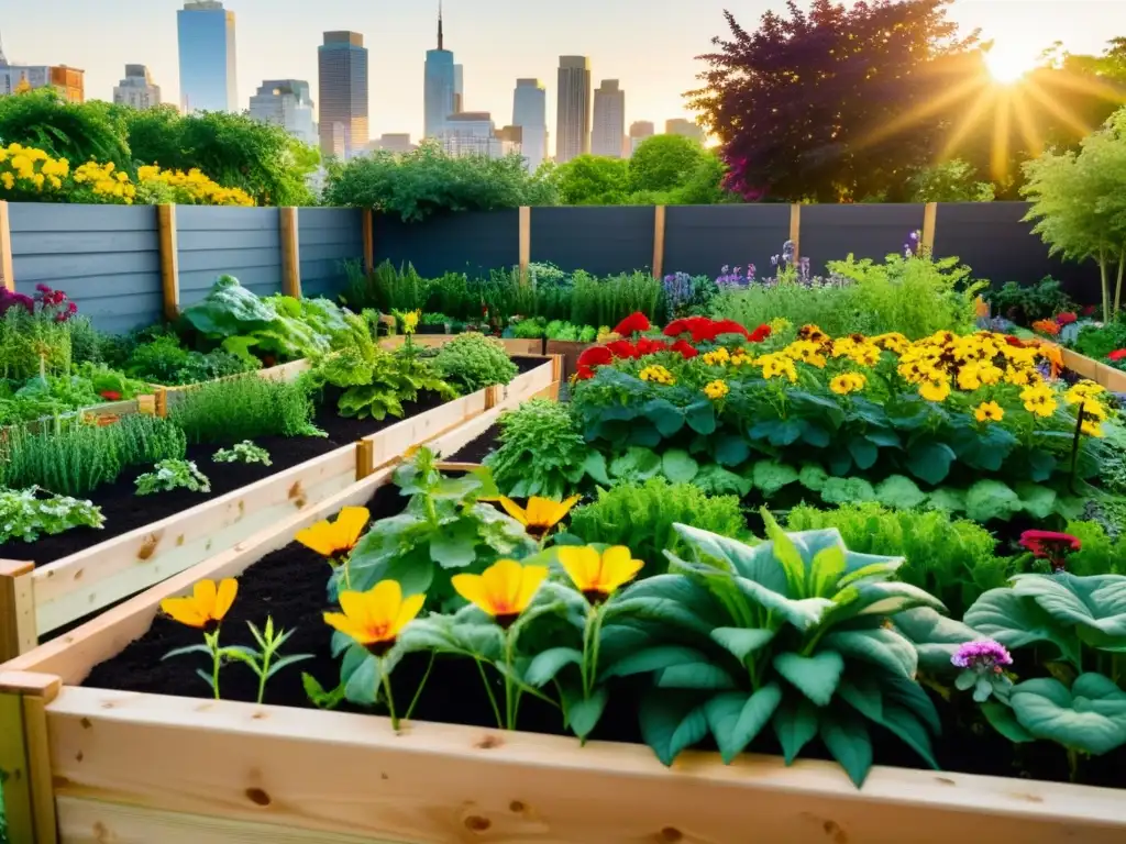 Un jardín urbano vibrante y exuberante, nutrido con abono casero, contrasta con el paisaje urbano, mientras abejas y mariposas dan vida al lugar