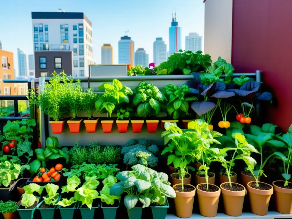 Un jardín urbano vibrante con vegetales y hierbas en macetas y cestas colgantes, mostrando el potencial del compostaje urbano para niños