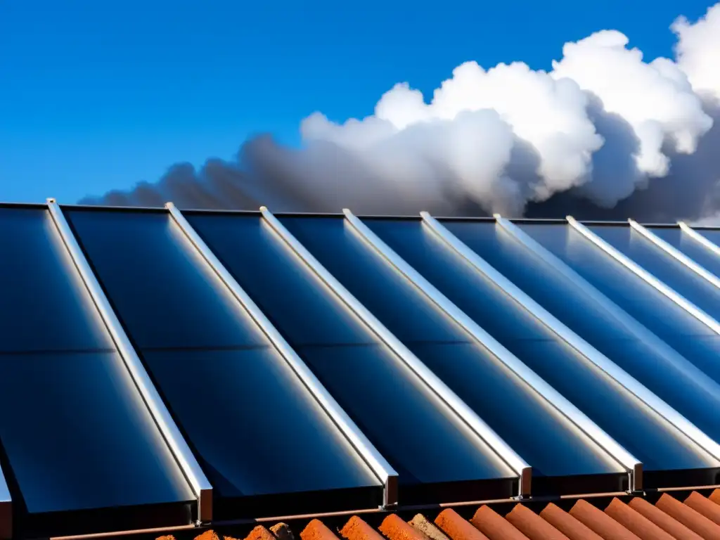 Vapor ascendente sobre paneles solares térmicos negros, elegantes y detallados, con cielo azul brillante