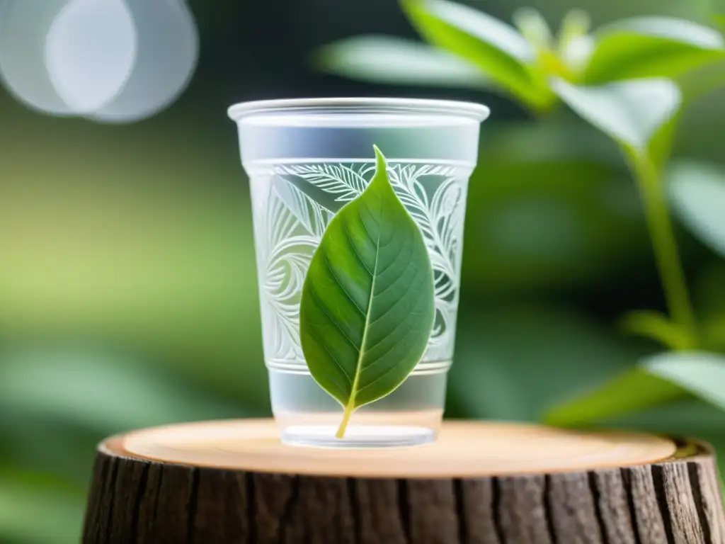 Vaso biodegradable de plantas con bebida refrescante y hoja verde, alternativa ecofriendly a plástico, para eventos y fiestas sostenibles