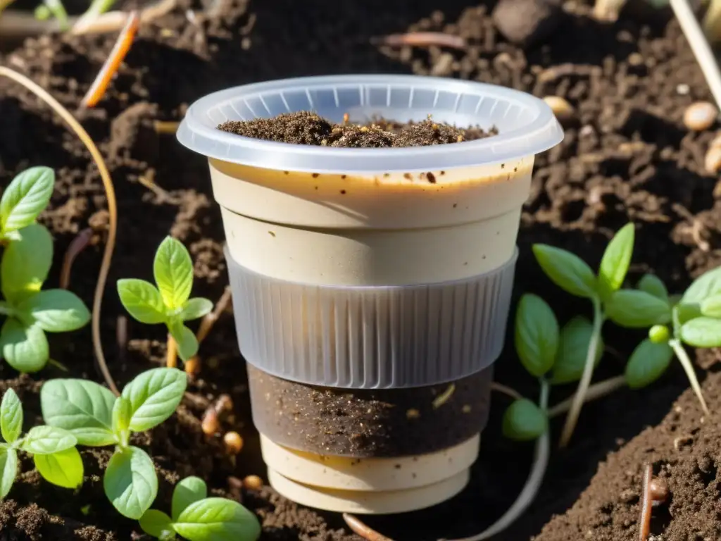 Un vaso bioplástico transparente descansa sobre compostaje, mostrando microorganismos y lombrices en un ciclo sostenible