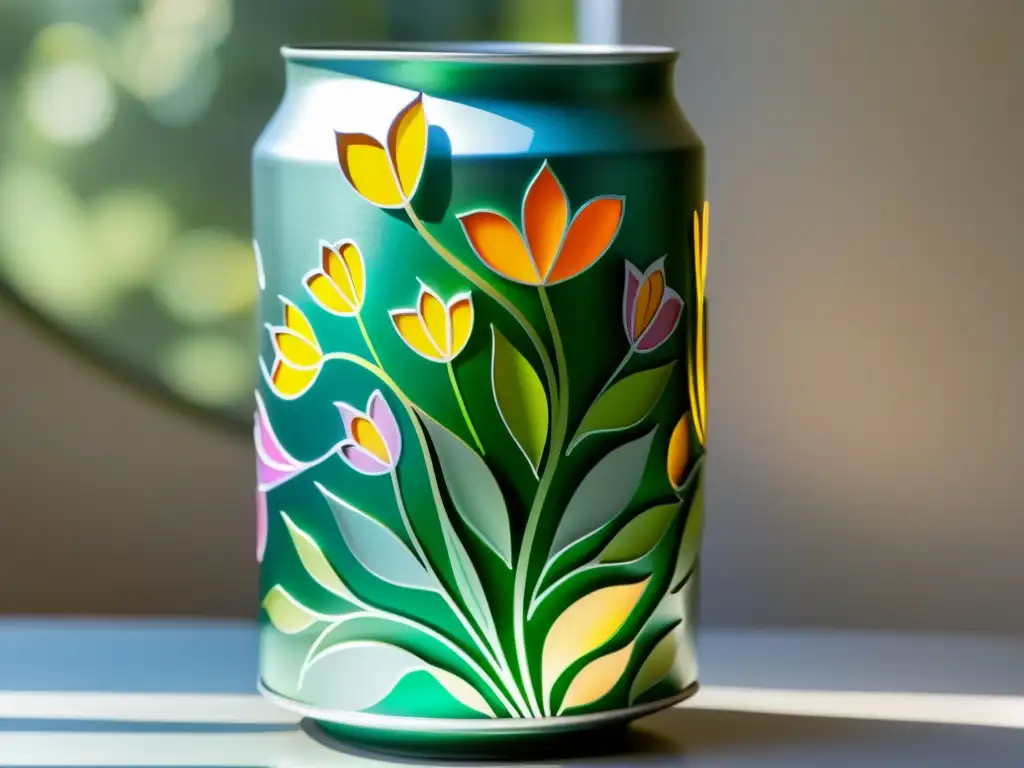 Vaso decorativo de lata reciclada con patrón floral, reutilización creativa latas objetos decorativos