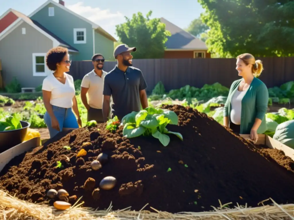 Vecinos colaborando en el compostaje comunitario, cuidadosamente creando abono para sus jardines