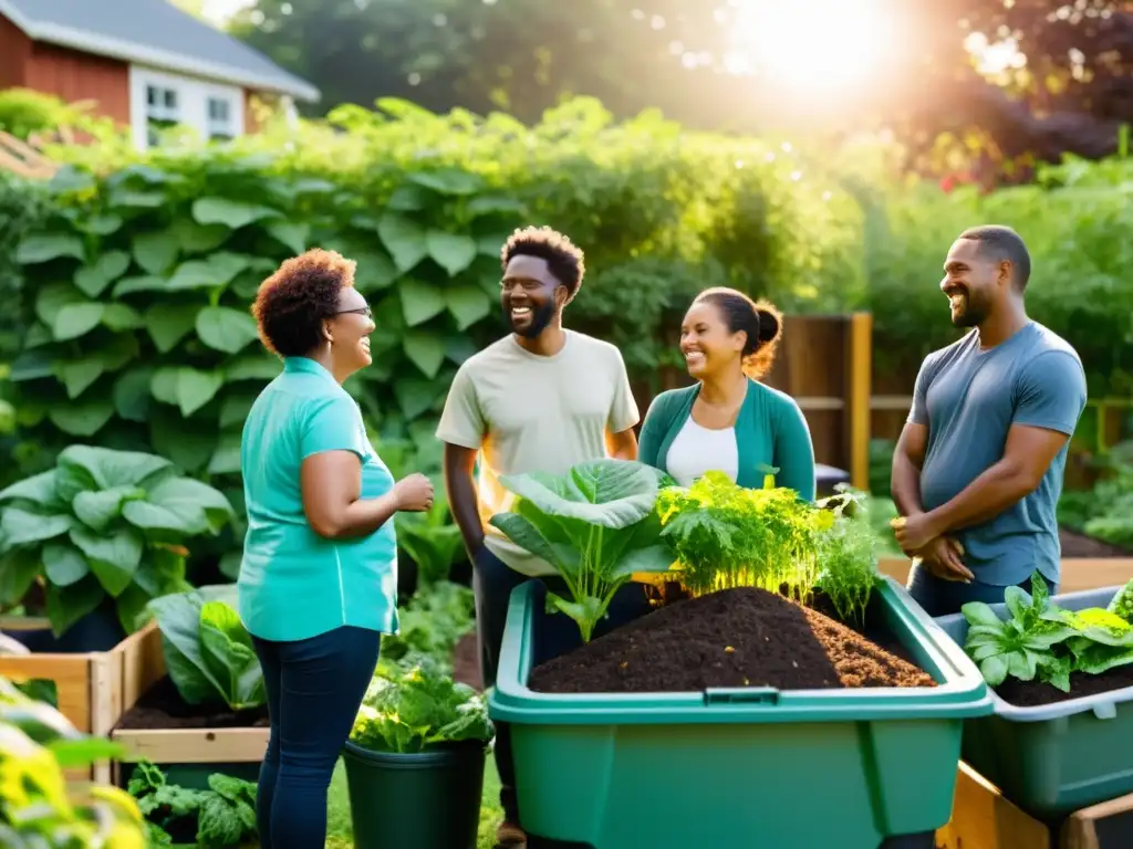 Vecinos colaborando en un jardín comunitario, practicando compostaje comunitario sostenible vecinal entre plantas verdes exuberantes