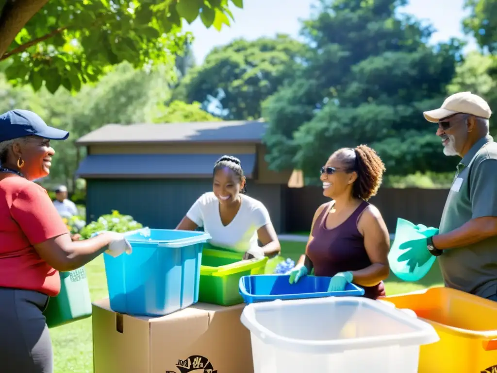 Vecinos de todas las edades participan alegremente en el Día de reciclaje en el barrio, rodeados de naturaleza exuberante y colores vibrantes