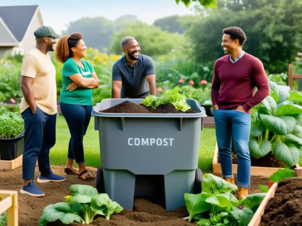 Vecinos sonrientes hacen compostaje comunitario en un jardín verde y bien iluminado, promoviendo la sostenibilidad y la comunidad