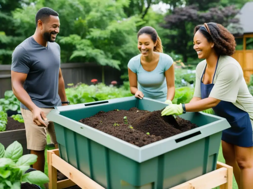 Vecinos sonrientes hacen compostaje comunitario en vecindarios