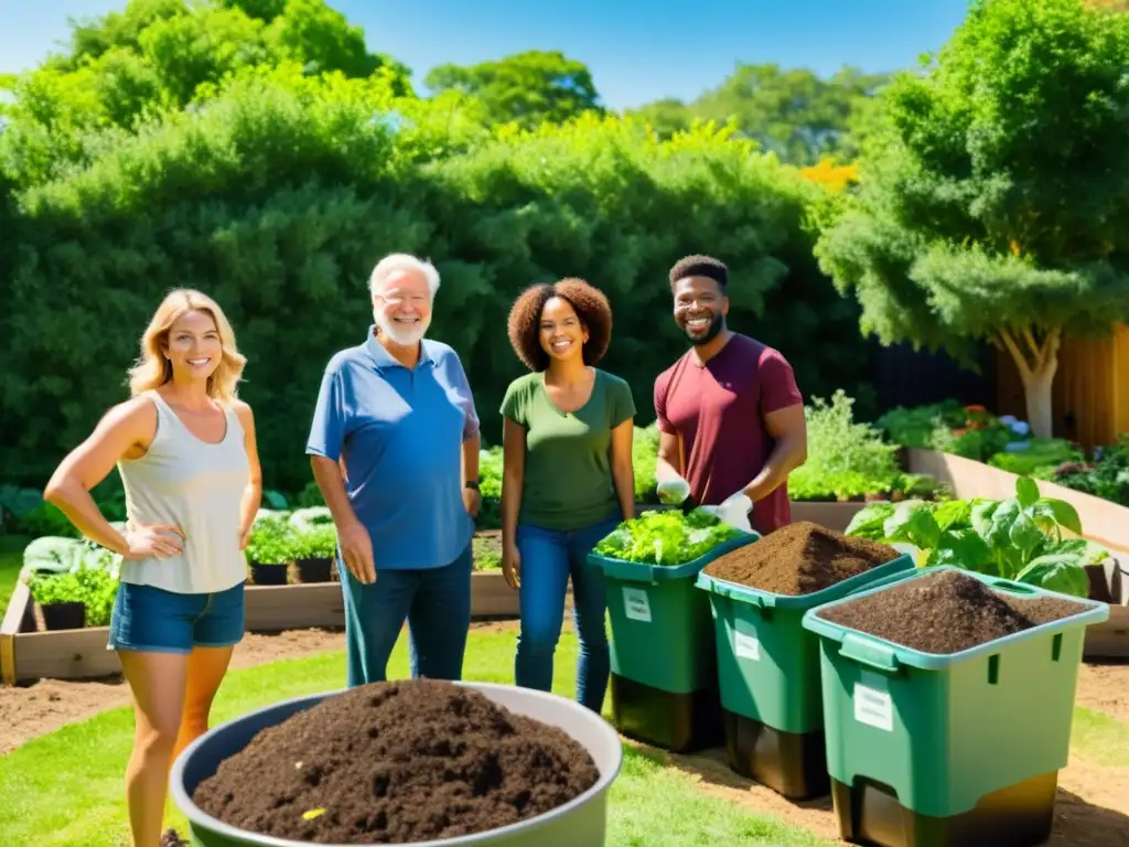 Vecinos sonrientes colaboran en un jardín comunitario, sosteniendo compost