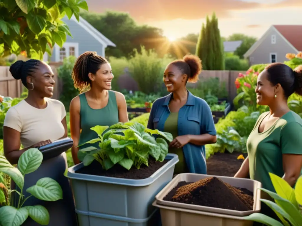 Vecinos sonrientes trabajan juntos en un programa comunitario de compostaje en un jardín rodeado de plantas verdes exuberantes al atardecer