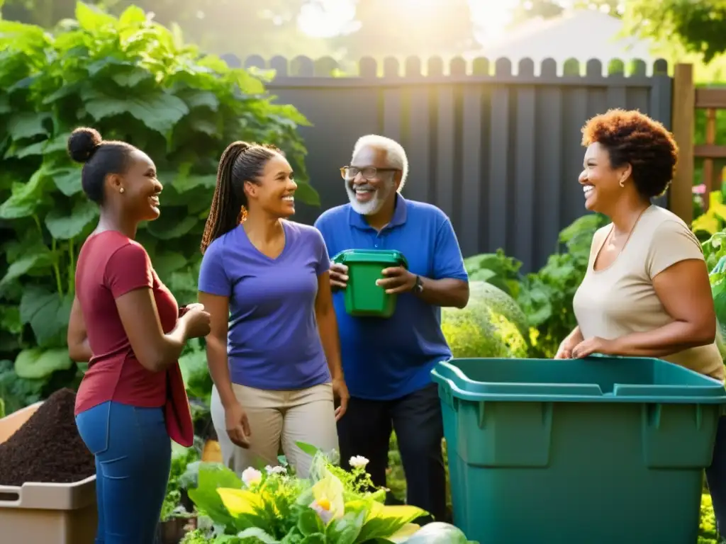 Vecinos sonrientes colaboran en un programa comunitario de compostaje en un jardín rodeado de contenedores de reciclaje y compost