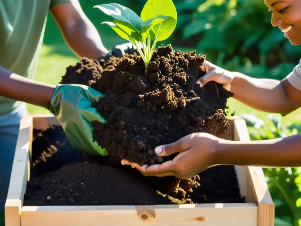 Vecinos verdes colaborando en iniciativas comunitarias de compostaje en un jardín, bajo la luz del sol entre los árboles