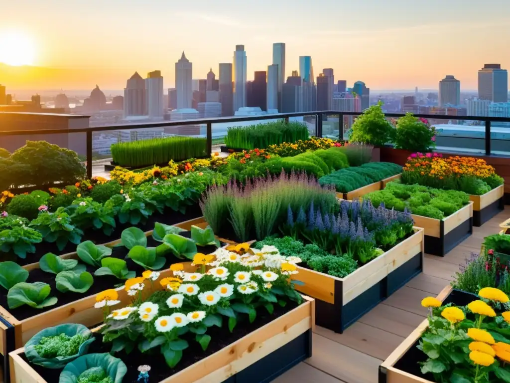 Un jardín verde exuberante en la azotea, lleno de flores, verduras y hierbas