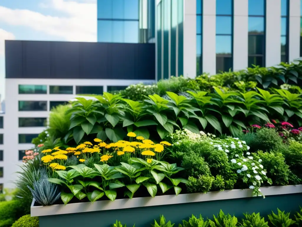 Un jardín verde exuberante en la azotea, con plantas y flores en patrones geométricos