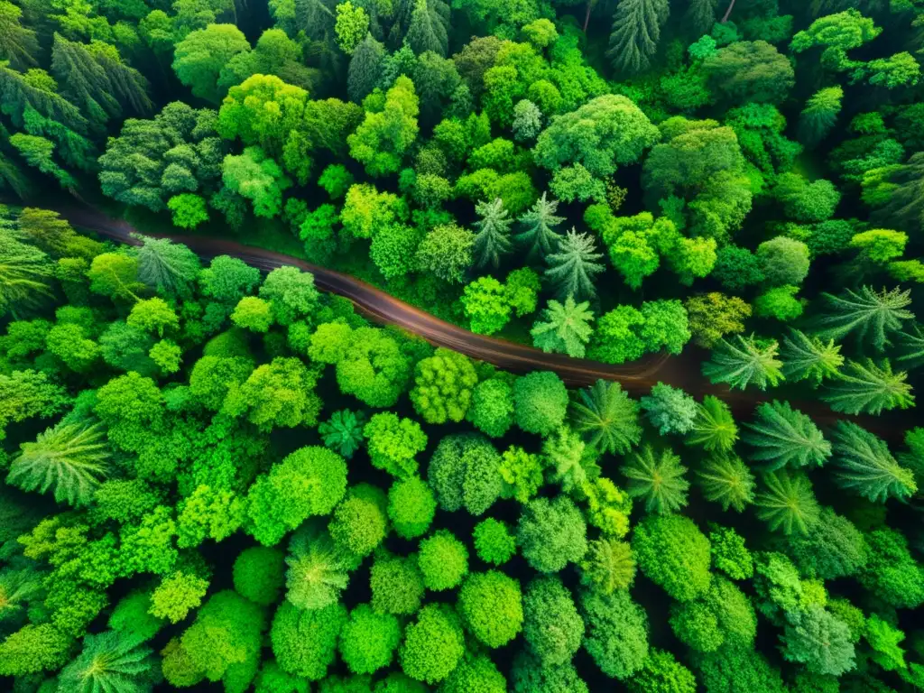 Innovación verde: exuberante bosque visto desde arriba, con red de árboles, follaje y arroyos