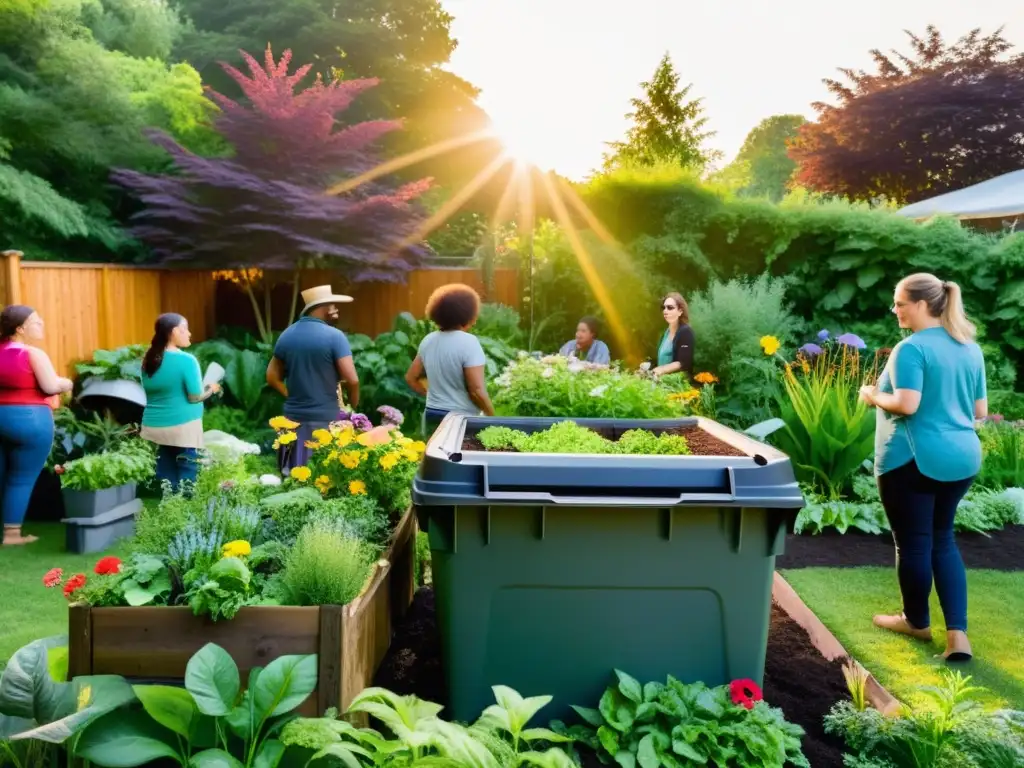 Jardín verde exuberante con compostaje y cultura del compostaje en negocios, en un taller comunitario de jardinería sostenible