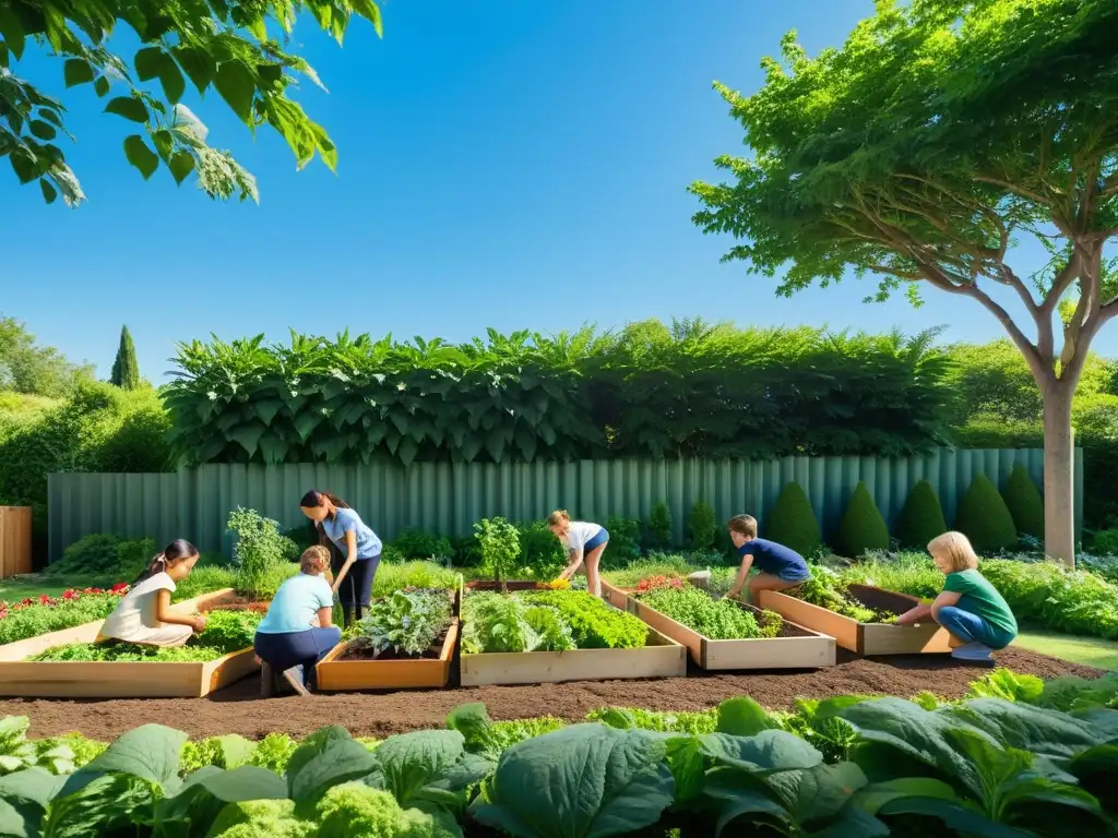 Un jardín verde exuberante donde niños y adultos disfrutan de actividades de educación ambiental, rodeados de naturaleza en armonía