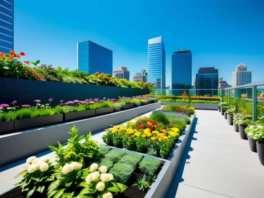 Un jardín verde exuberante transforma el techo de un edificio comercial en un espacio verde sereno en el corazón de la ciudad