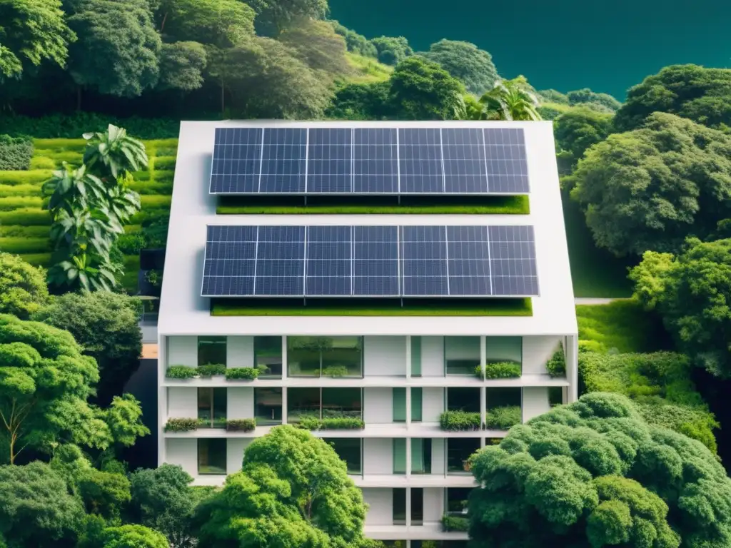 Innovación verde y sostenible en una oficina moderna rodeada de vegetación y paneles solares, donde se colabora en tecnología sostenible