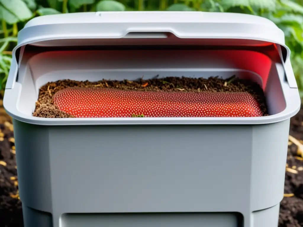 Vermicompostadora de plástico reciclado con lombrices rojas trabajando en compostaje