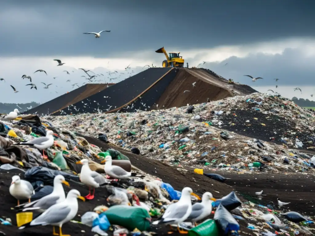 Un vertedero desbordante de residuos plásticos con gaviotas revoloteando, bajo un cielo oscuro