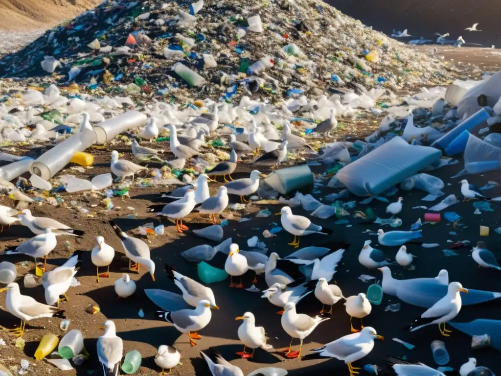 Un vertedero rebosante de desechos plásticos con gaviotas buscando comida