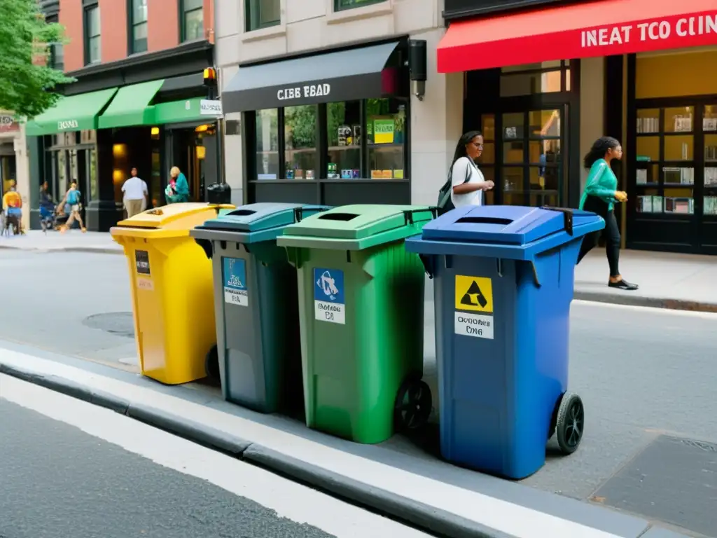 Vibrante calle urbana con coloridos contenedores de reciclaje, reflejando políticas municipales para educación reciclaje