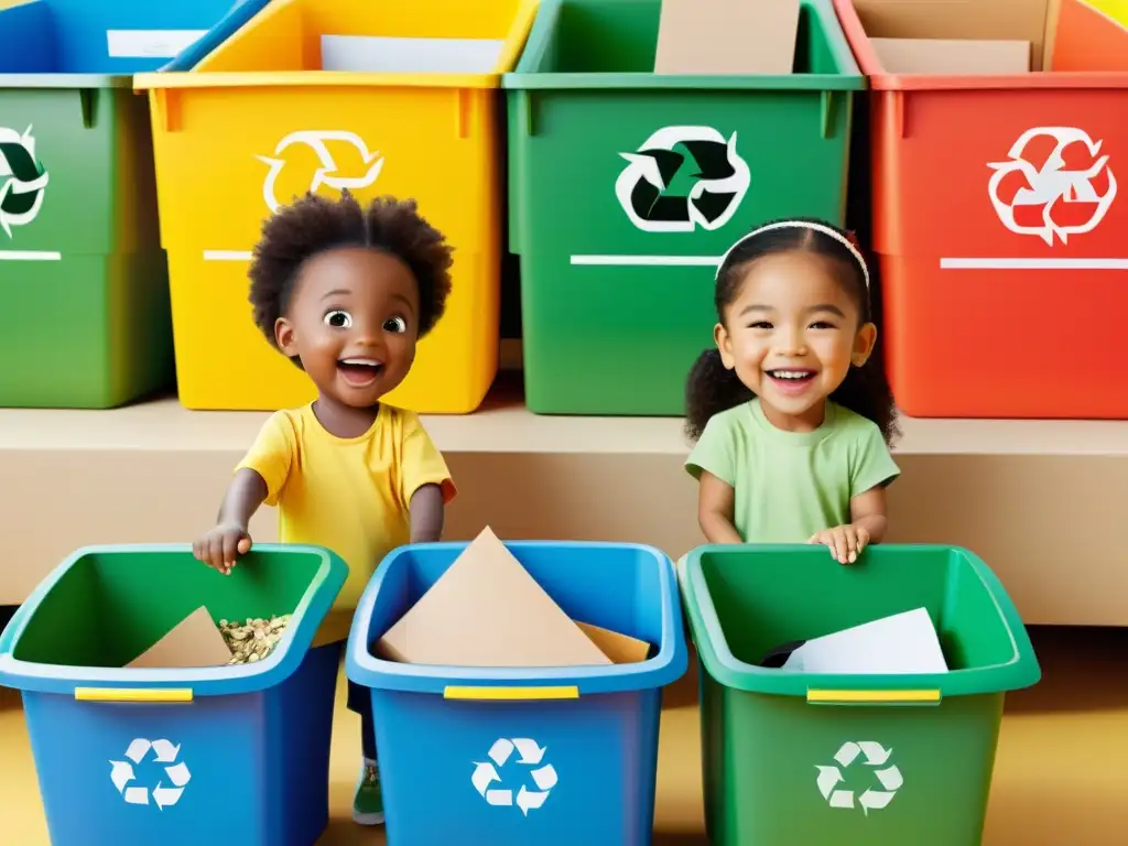 Un vibrante centro de reciclaje, niños felices aprendiendo sobre la importancia de reciclar