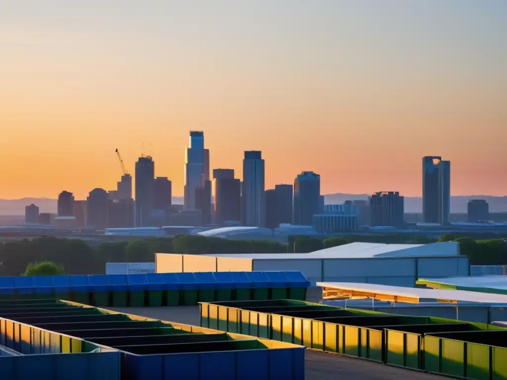 Vibrante ciudad al atardecer con un centro de reciclaje en primer plano, uniendo vida urbana y sostenibilidad