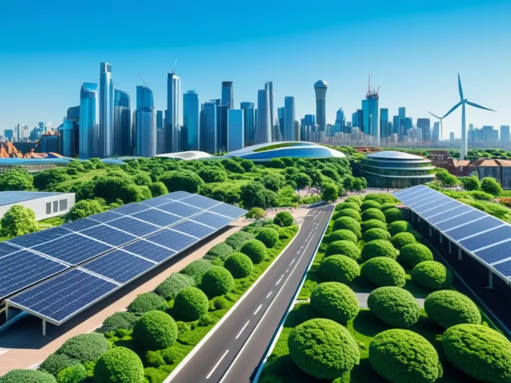 Horizonte urbano sostenible: rascacielos verdes y energía renovable Vibrante ciudad sostenible con paneles solares, transporte eléctrico y vegetación en rascacielos