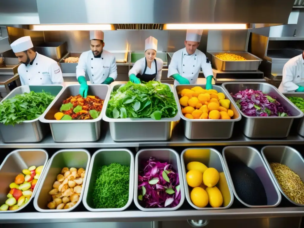 Vibrante cocina de restaurante con éxito en reutilización de residuos orgánicos, chefs separando alimentos en coloridos contenedores