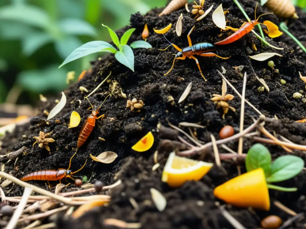 Un vibrante compostaje rebosante de vida y armonía natural, destacando la prevención de plagas a través del ecosistema