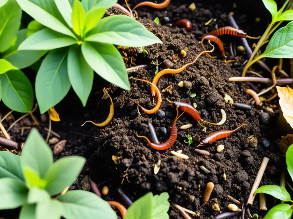 Un vibrante y próspero montón de compostaje para reducir residuos orgánicos, lleno de vida y nutrientes, con lombrices y microorganismos activos