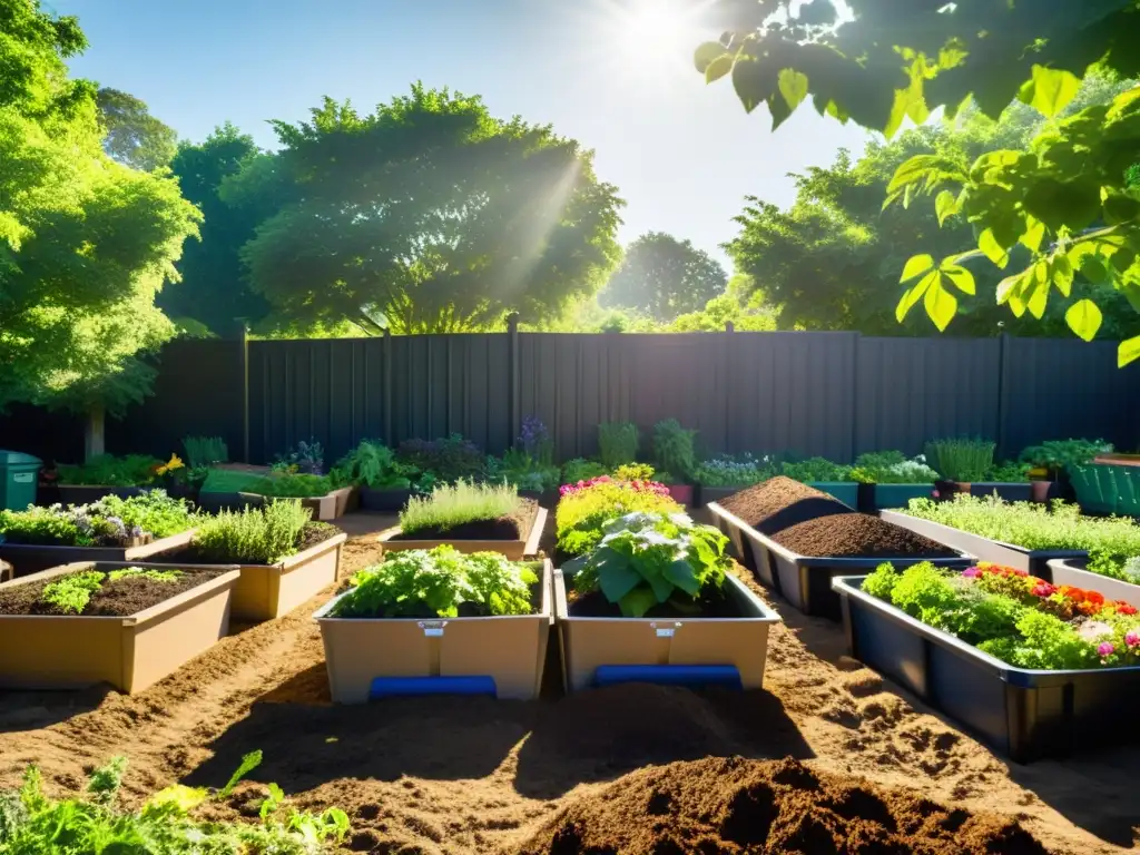 Vibrante comunidad en jardín con compostaje comunitario residuos urbanos, personas trabajando en armonía entre plantas y flores