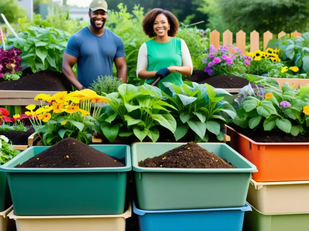 Una vibrante comunidad en un jardín rodeado de plantas verdes y flores coloridas, disfrutando de actividades de compostaje