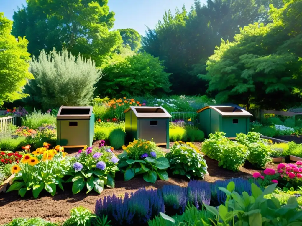 Una fotografía vibrante de un jardín comunitario con áreas de compostaje bien cuidadas y plantas exuberantes