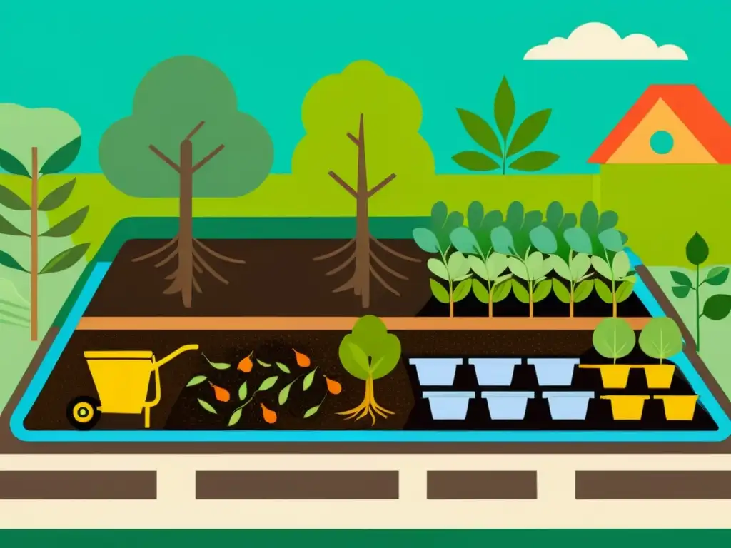 Un vibrante jardín comunitario con compostaje y normativas legales en ilustración minimalista