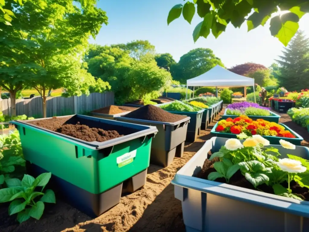 Una vibrante fotografía de un jardín comunitario con compostaje organizado rodeado de exuberante vegetación y flores coloridas